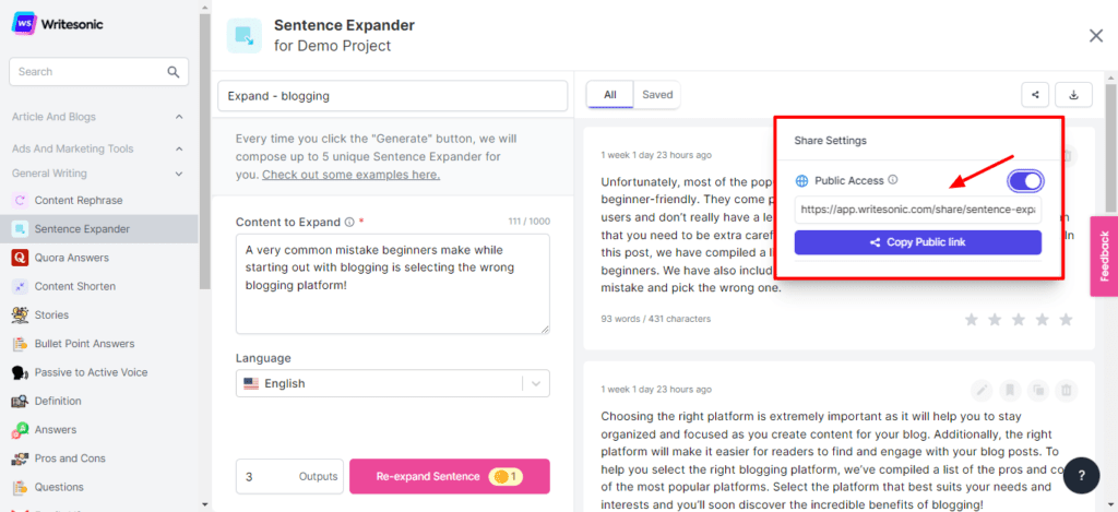 Writesonic Review (2026) - Is it Accurate & Cheap? 54 Public access link in Writesonic