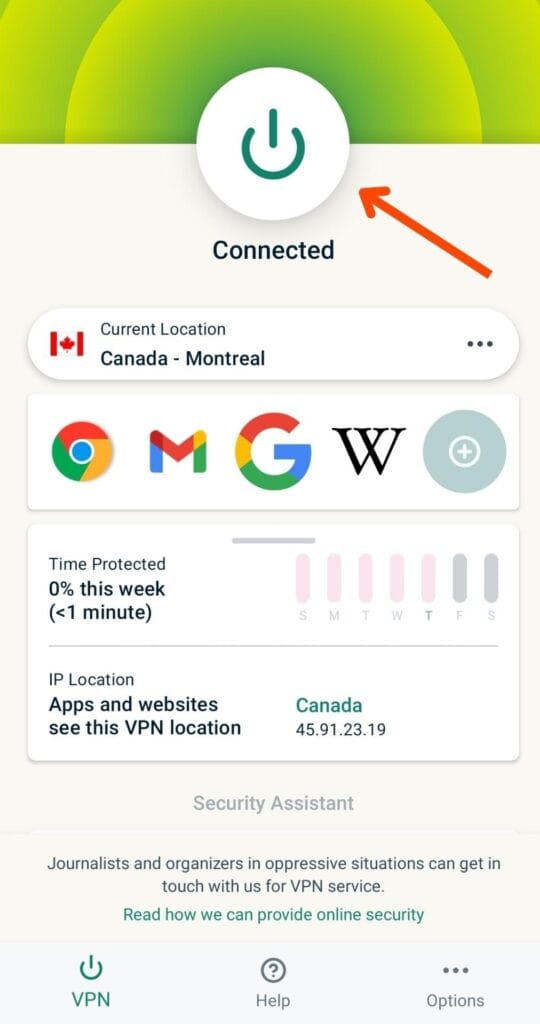 Switching on ExpressVPN
