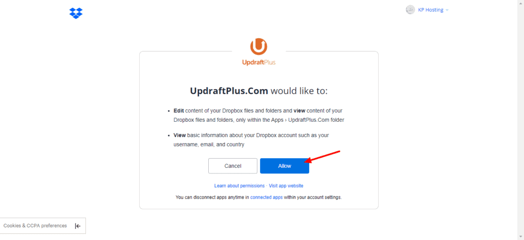UpdraftPlus allow access to remote storage