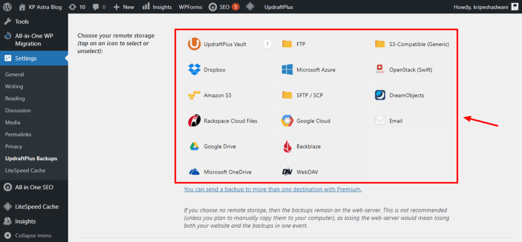 UpdraftPlus remote storage options