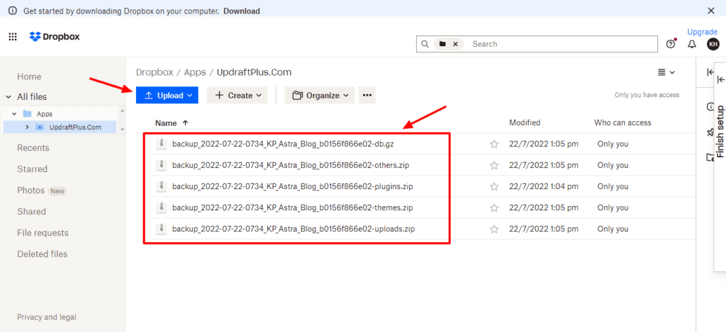 View backups in Dropbox