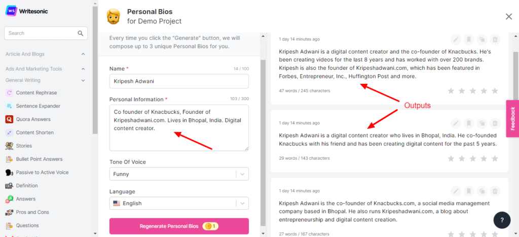 Writesonic Review (2026) - Is it Accurate & Cheap? 19 Writesonic Personal Bios