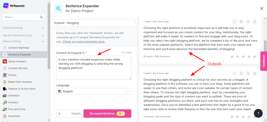 Writesonic Review (2026) - Is it Accurate & Cheap? 17 Writesonic Sentence Expander