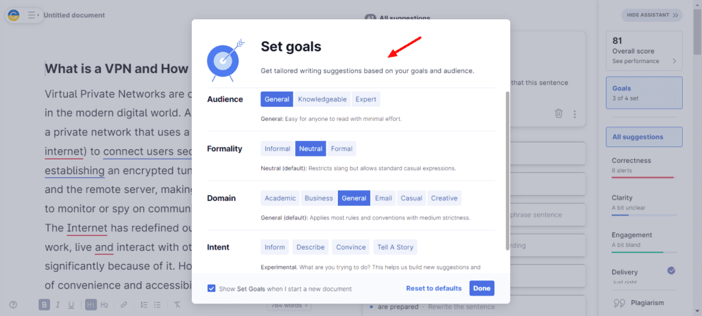 Goal Settings in Grammarly