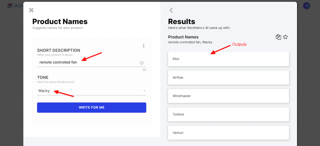 WordHero Product Names - Wacky Tone