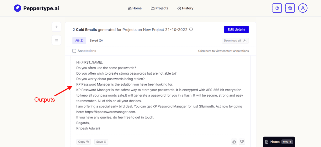 Peppertype Cold Emails - Output