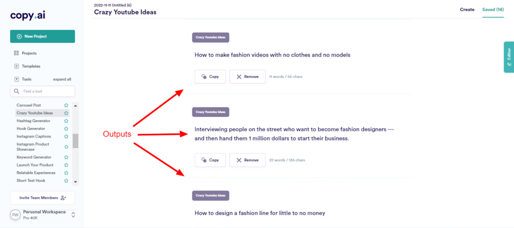 CopyAI Crazy YouTube Ideas Outputs
