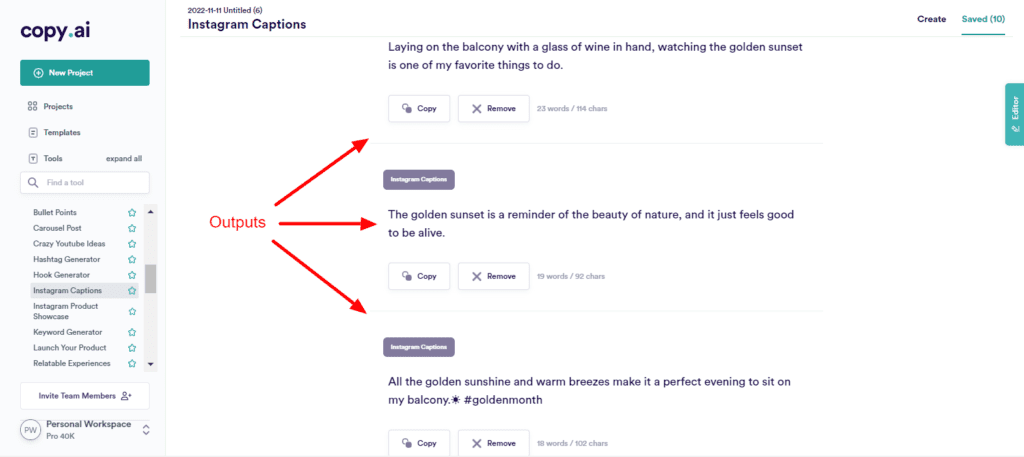 CopyAI Instagram Captions Outputs