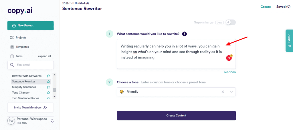 CopyAI Sentence Rewriter Input