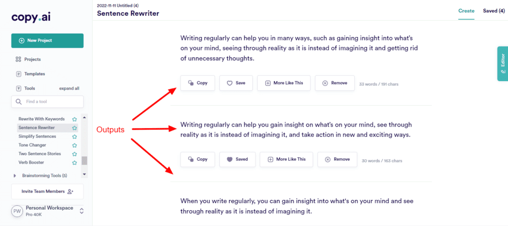 CopyAI Sentence Rewriter Output