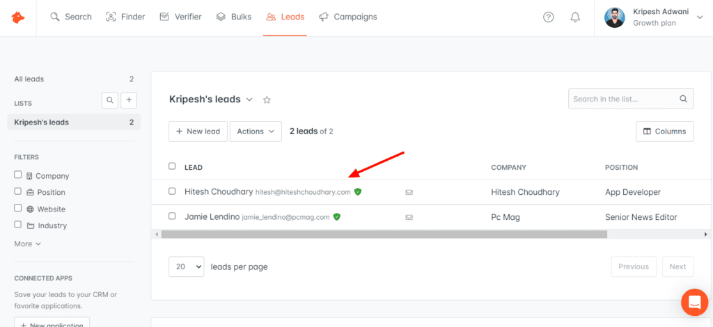 Hunter.io Review (2026) - How It Can Save Hours 8 Hunter Leads