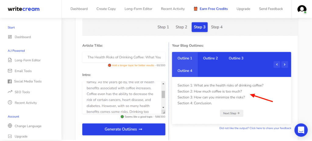 Writecream Review (2026) - Is Lifetime Deal Worth It? 31 Writecream Generating Outlines