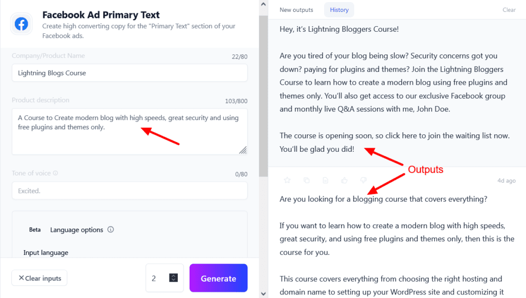 Jasper AI Facebook Ad Primary Text