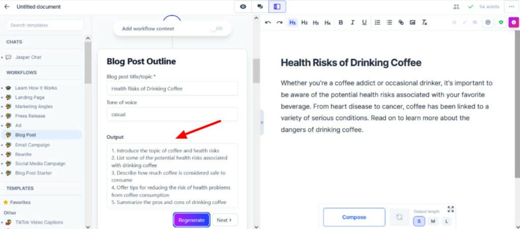 Jasper AI Workflows - Generate Outline