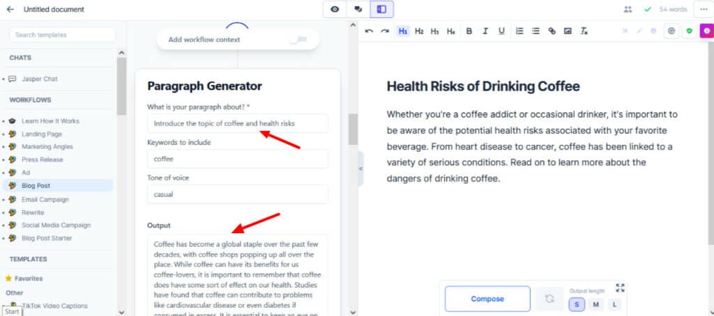 Jasper AI Workflows - Generate Paragraph