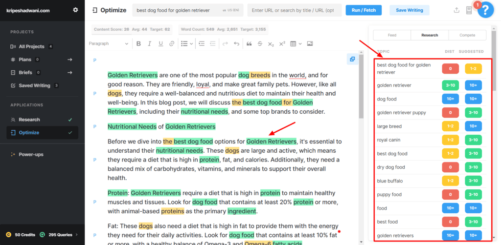 Marketmuse Keyword Optimization