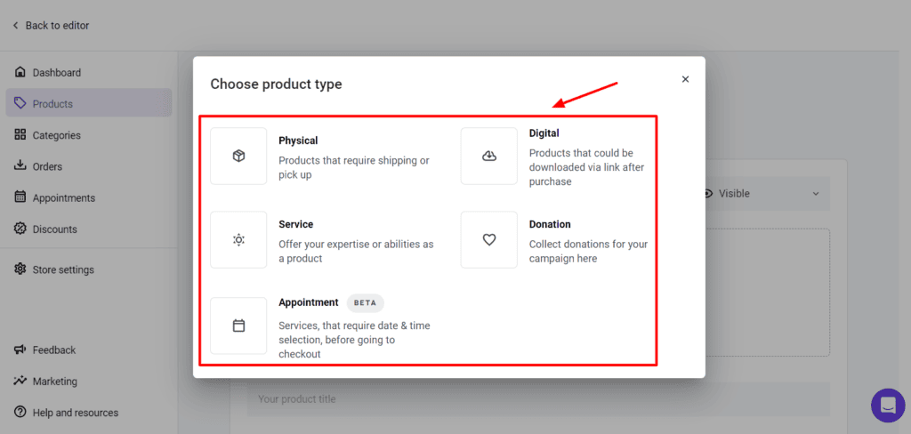 Hostinger website builder - eCommerce product types