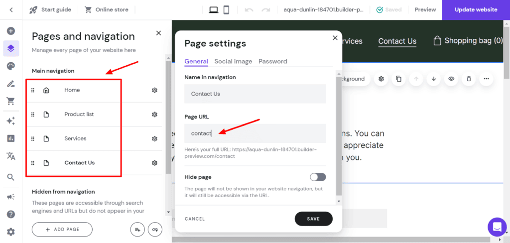 Hostinger website builder - pages and navigation