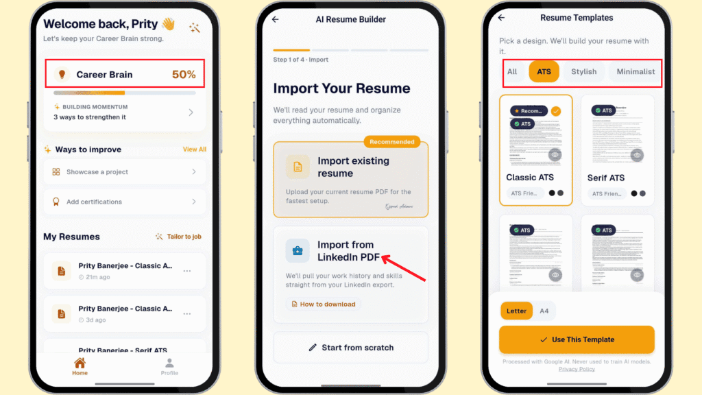 AI ATS Resume Builder app interface showing three mobile screens: homepage, resume import options including LinkedIn PDF, and ATS resume template selection.