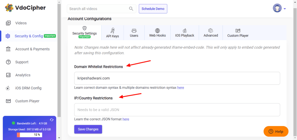 VDOCipher security settings