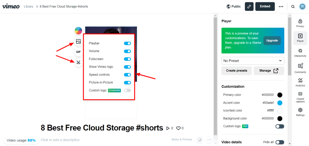 Vimeo - Player control settings