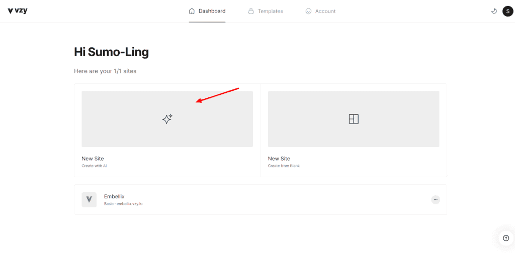 Creating a new website on Vzy