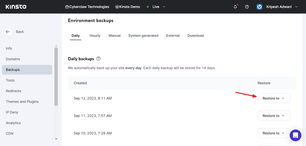 Kinsta Review 2026- Is the Expensive Price Worth the Hype? 11 Kinsta daily backups