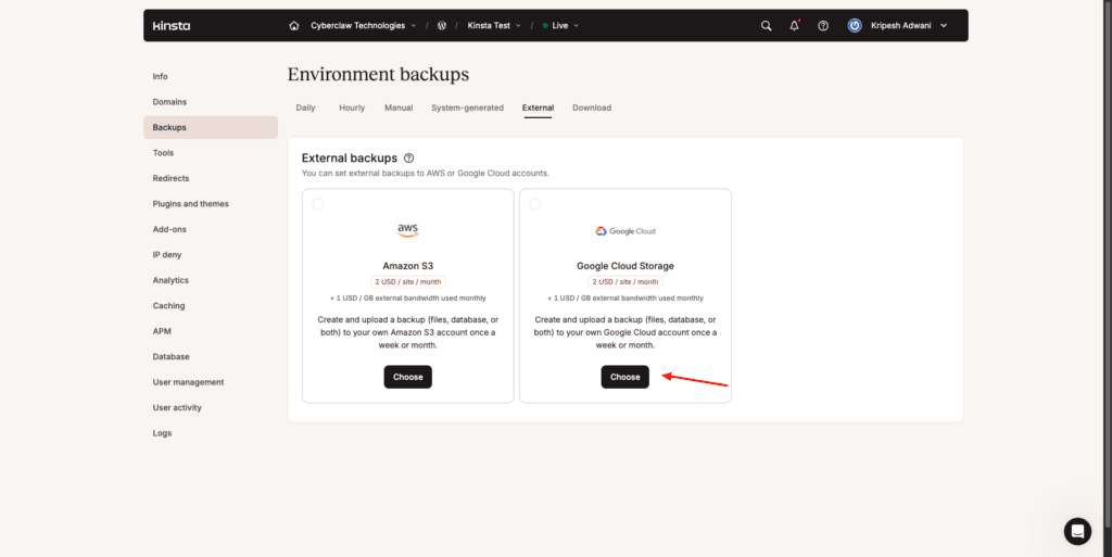 Kinsta - external backups
