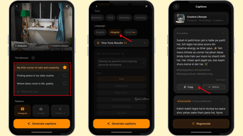 13 Best Free AI Apps for Android (2026) 2 ClickCaption AI caption generator interface showing three mobile screens: selecting a photo caption prompt, choosing Hindi as the language and fine-tuning caption settings, and viewing generated Instagram captions with options to copy, refine, or regenerate.