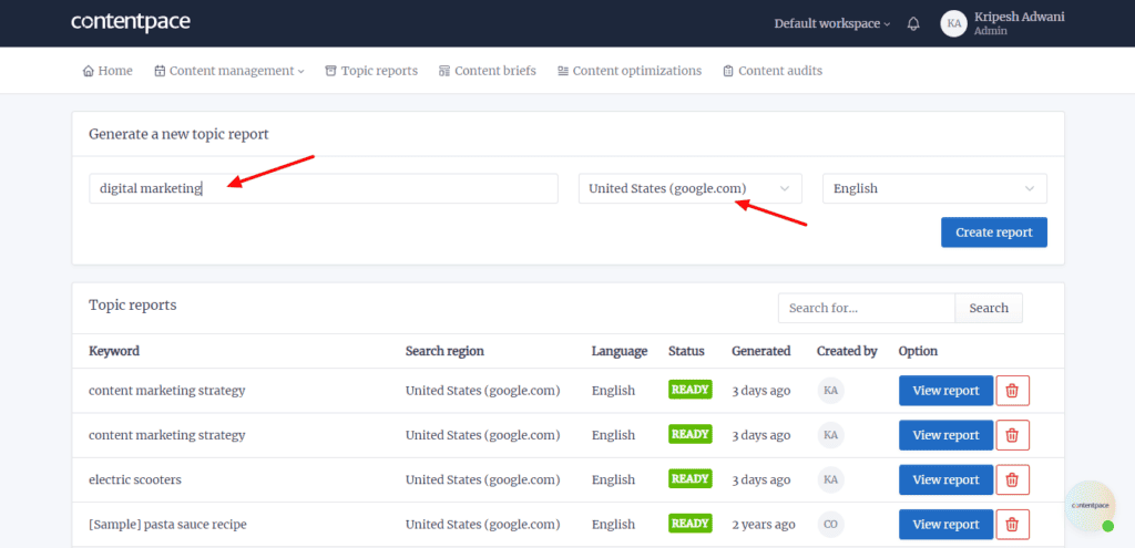 Contentpace Topic Report creation