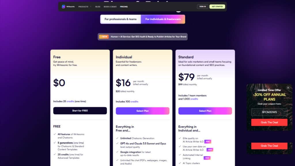 Writesonic Pricing Plans Most Affordable AI Article Writing SEO Platform 2 1 1