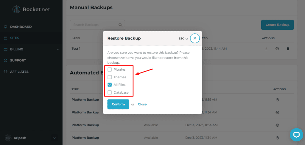 Rocket.net backup restoration