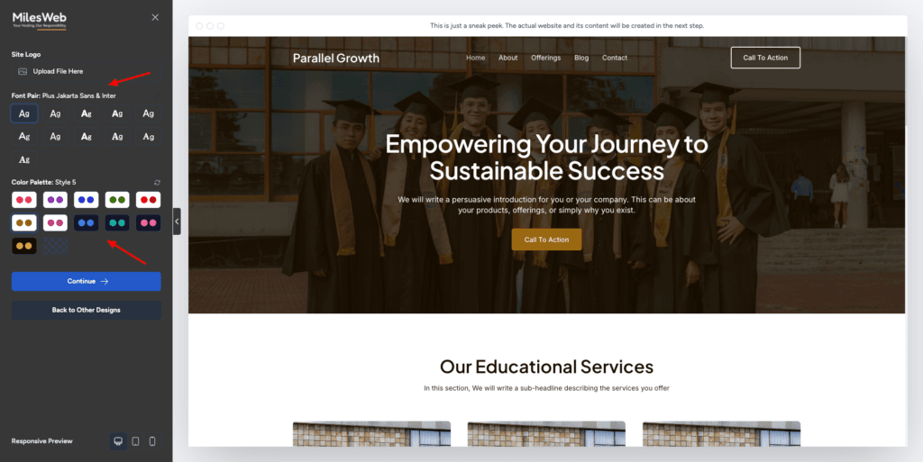 MilesWeb AI Website Builder- choosing color palette
