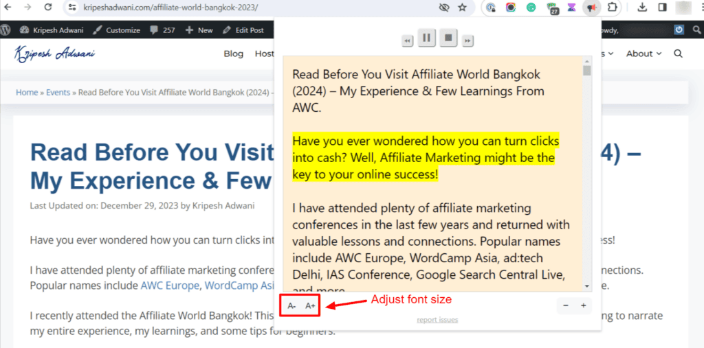 ReadAloud Font size adjustment