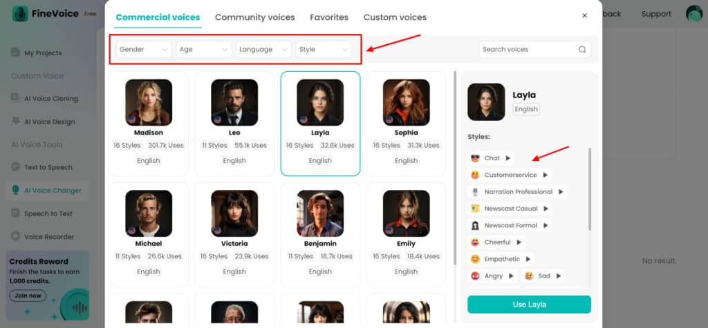 FineVoice AI voice library