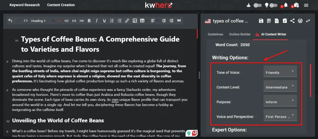 KWHero AI Content Writer Settings