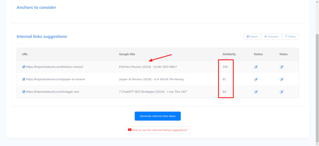 NeuronWriter internal link suggestions