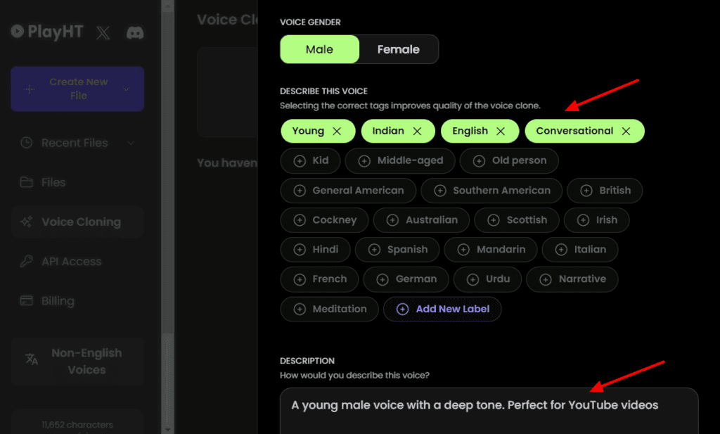 PlayHT voice cloning settings
