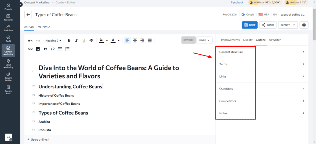SE Ranking content outline