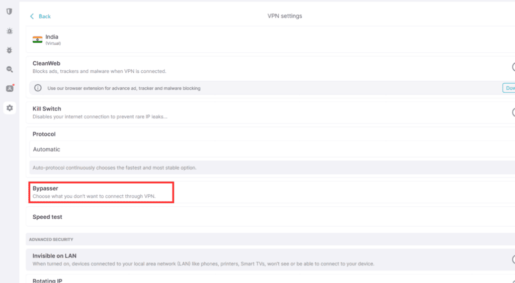 Bypasser or Split Tunneling Feature