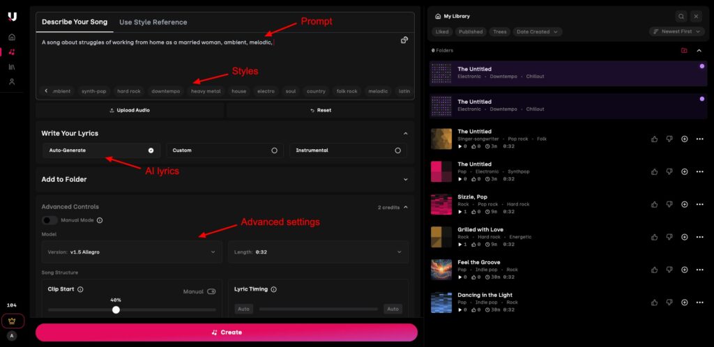Generating AI song with Udio