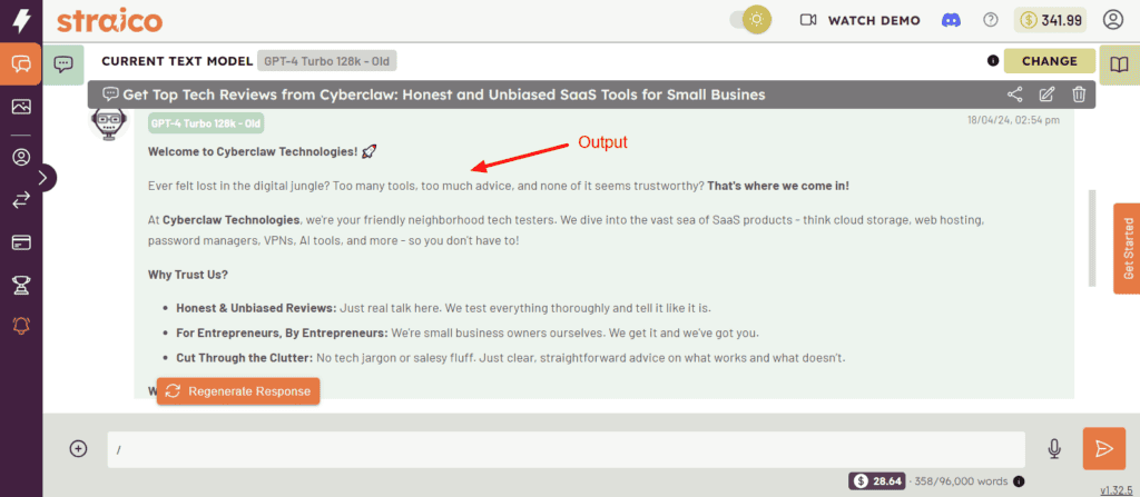 Straico output with template
