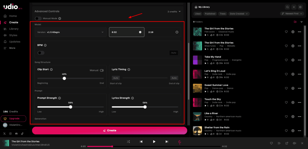 Udio - advanced song generation settings
