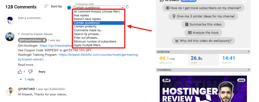 VidIQ Comment Filters