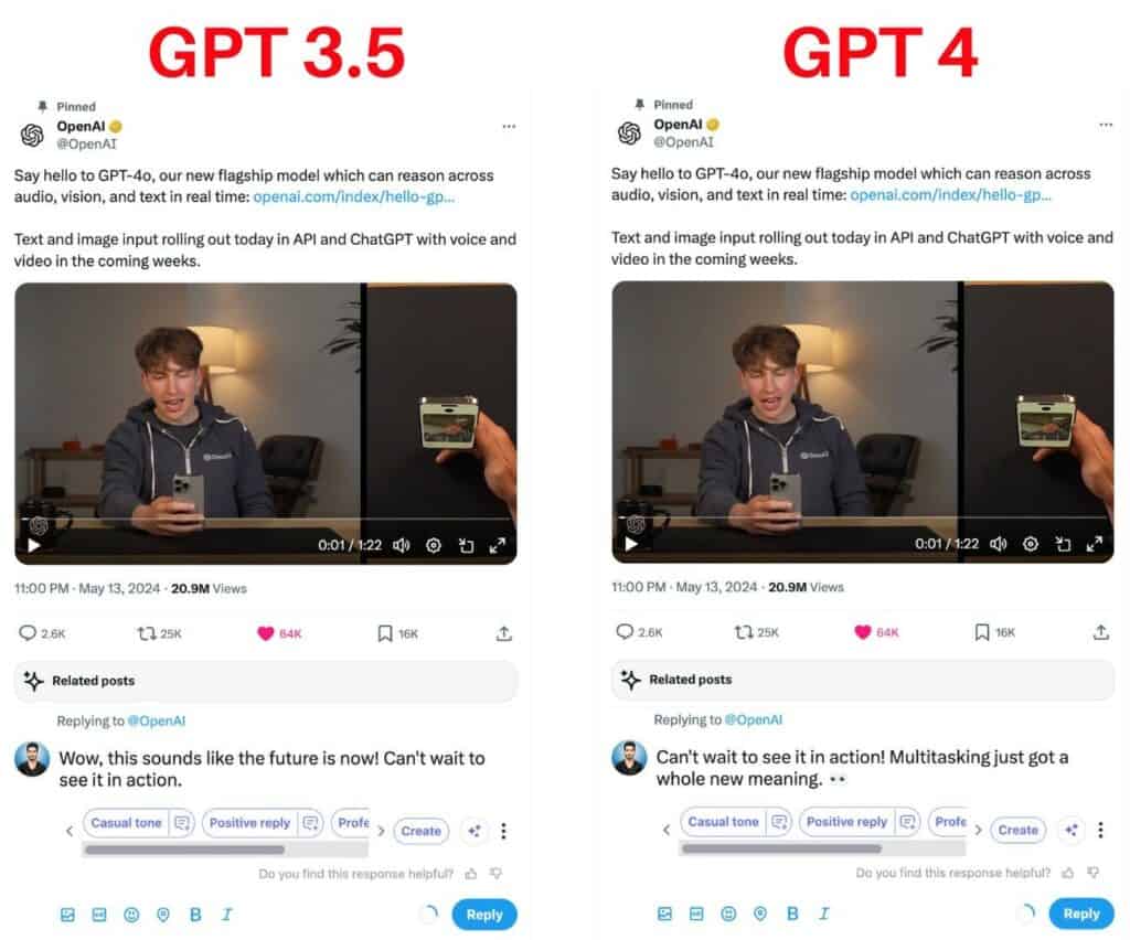 Merlin AI Review (2026): The Best AI Tool for Boosting Productivity? 16 Merlin AI - tweet replies (GPT 3.5 vs GPT 4)