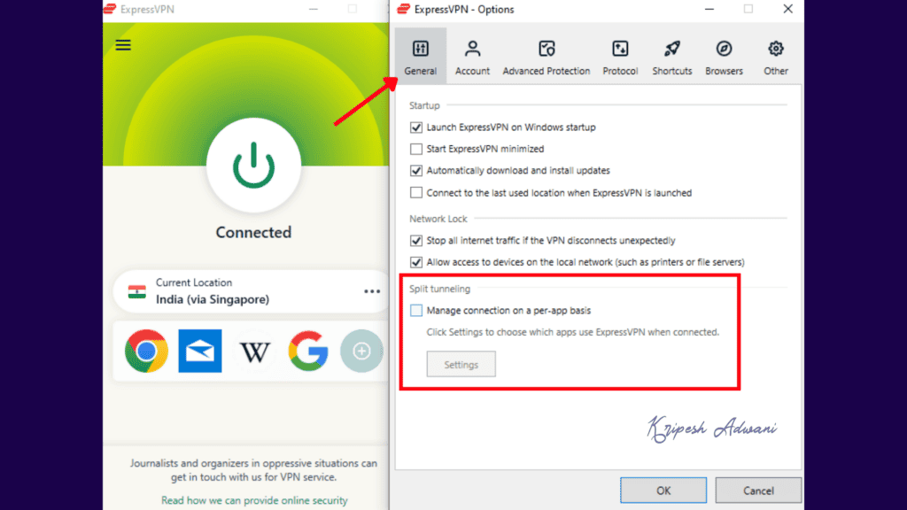 Split tunneling feature