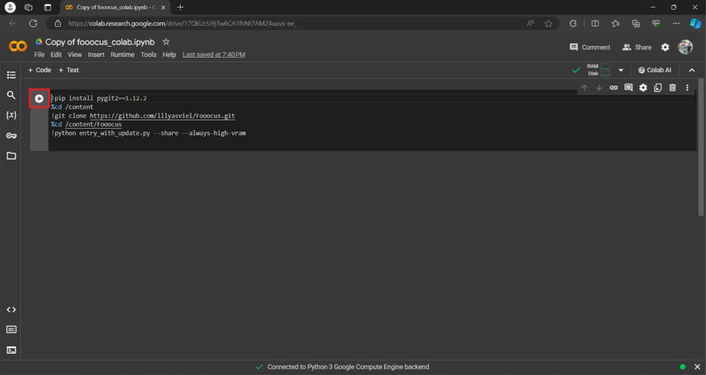 Fooocus Colab - Execute button