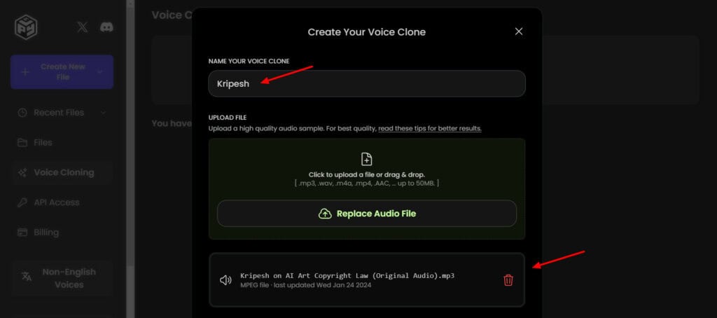 PlayHT - uploading voice sample