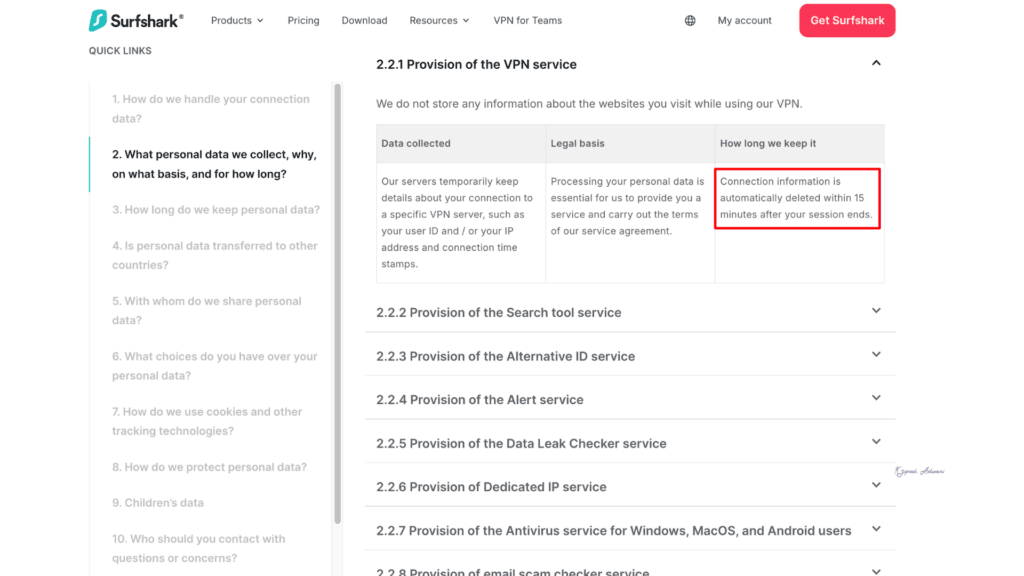 Surfshark...Connection info store
