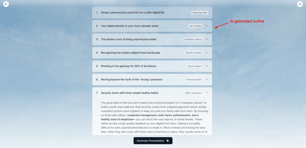 11 Best AI Presentation Makers (2026) - These AI Tools Will Blow Your Presentation Mind 7 Presentations AI - outline